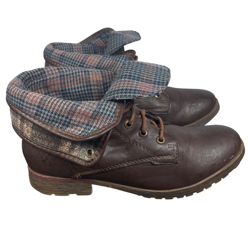 Rock & Candy Spraypaint Combat Boots Brown Plaid Fold Over Casual Women 7.5 M
